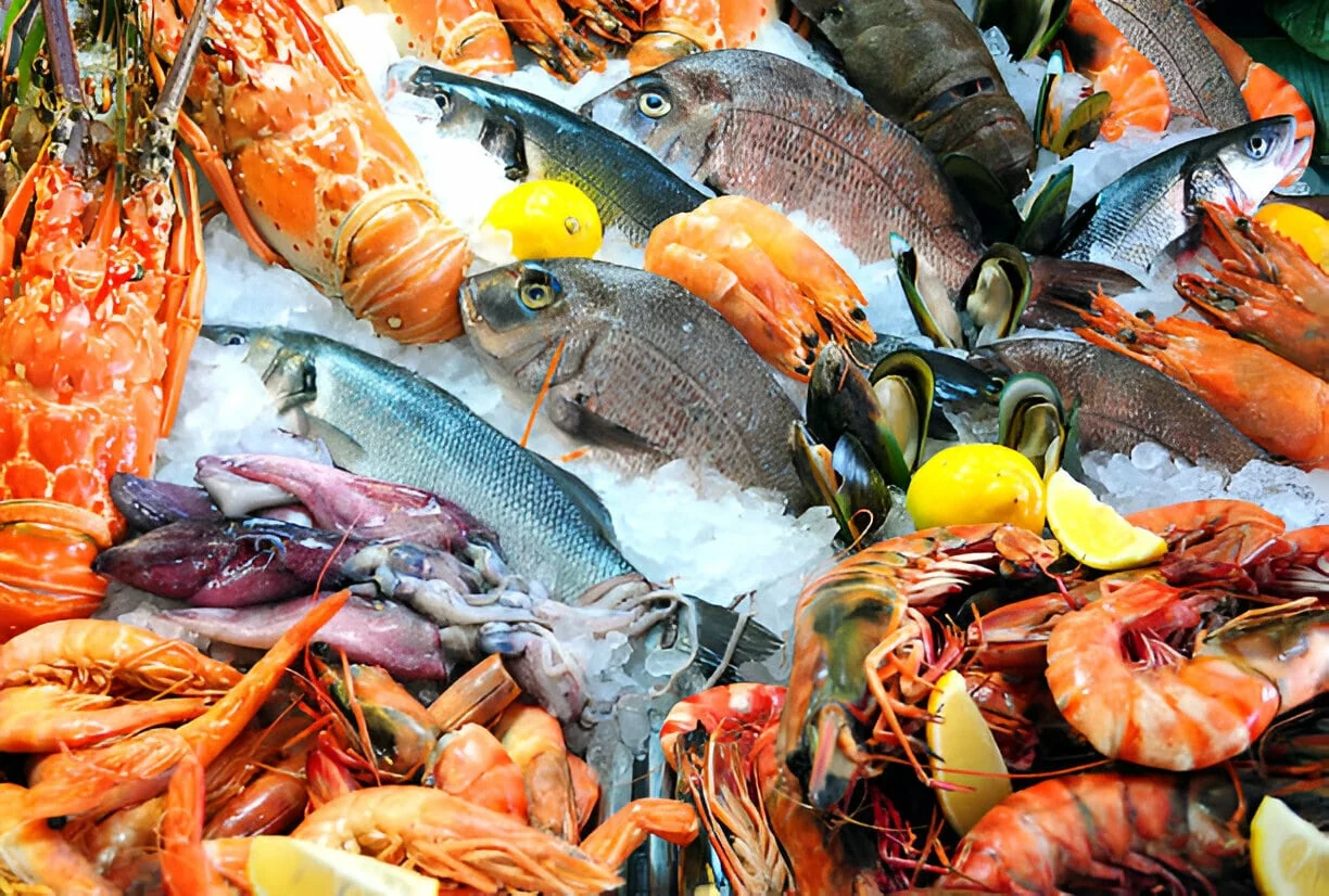Fruta deti të freskëta mbi akull — karacidë, peshq, midhje dhe karkaleca